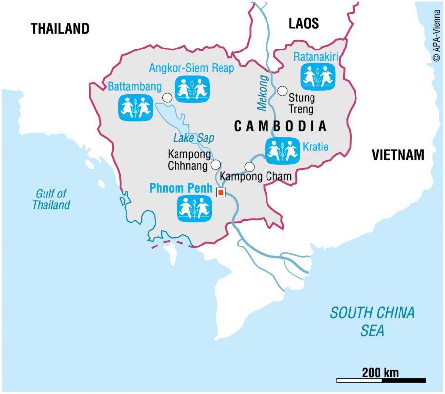 Kort over SOS Børnebyernes arbejde i Cambodja.